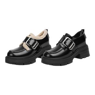 真皮厚底增高加绒乐福鞋女新款英伦风一字扣带高跟小皮鞋百搭单鞋