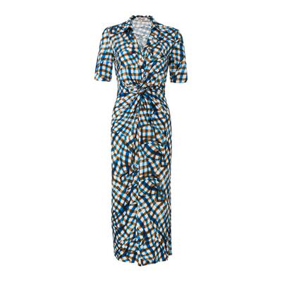 DVF2026早秋新款蓝色光影格纹摩登针织短袖中长款连衣裙DS2U021