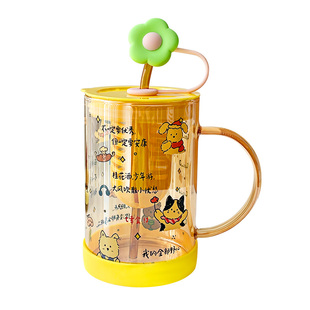 茶水分离高硼硅玻璃杯带刻度网红吸管杯可爱女喝水杯把手牛奶杯子