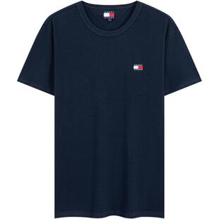 【舒适纯棉】Tommy春夏男装平纹针织条纹短袖上衣/美式纯色T恤