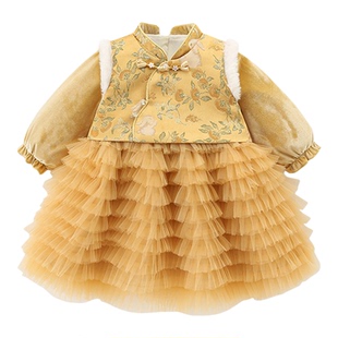 周岁女宝宝礼服冬中式国风黄色生日宴抓周旗袍连衣裙子女童公主裙