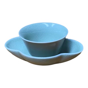 宋代美学汝瓷汝窑豆绿海棠茶杯托隔热杯垫杯碟开片可养高级感轻奢