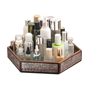 异丽旋转实木复古化妆品收纳盒桌面转盘护肤品托盘香水口红置物架