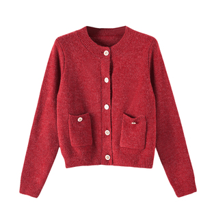 晚白2025年秋冬新款排扣设计上衣外套红色新年气质短针织开衫女