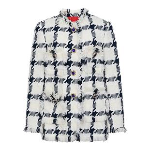 lefame拉飞姆秋冬休闲蓝白格小香风粗花呢外套上衣女气质春秋显瘦