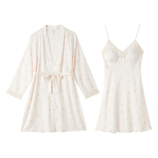 冰丝绸睡裙带胸垫女春秋法式宫廷风性感睡衣夏季纯欲睡袍浴袍吊带