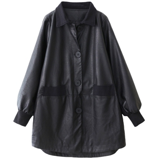 绿素棉 大女主复古中长款PU皮皮衣 女翻领拼接休闲廓形外套风衣潮