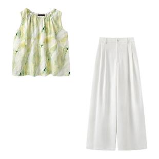 拉夏贝尔/La Chapelle挂脖晕染印花无袖衬衫女高腰阔腿裤夏季套装