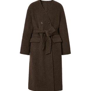 红袖outlets2024冬季新款女装系带落肩双排扣V领双面呢hopeshow