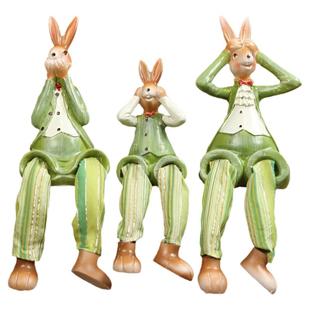 欧美可爱三不兔子吊脚娃娃卡通动物幸福一家三口家居装饰摆件