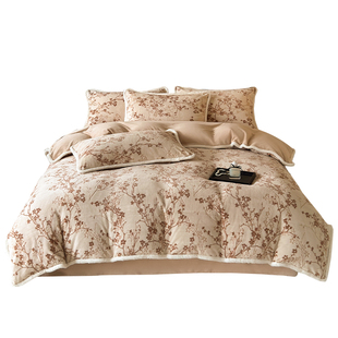 莫凡家纺高克重牛奶绒烂花雕花四件套兔毛包边床上用品简约三件套