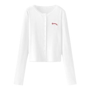 森马长袖T恤女短款提花刺绣2025秋新款纯棉蕾丝花边修身开衫温柔