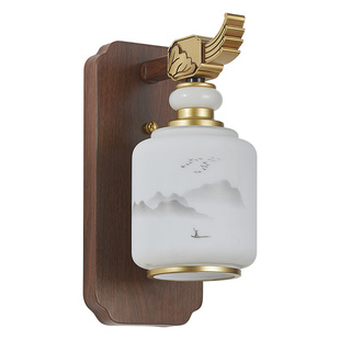 新中式简约壁灯客厅电视墙灯胡桃木色中国风卧室床头壁灯可换灯泡