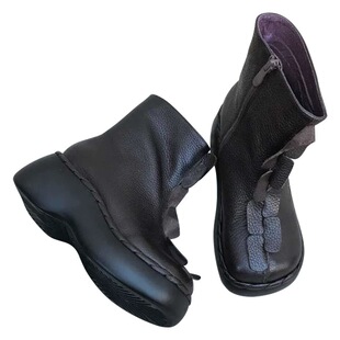 一席之地女鞋2022冬中筒靴子舒适休闲个性百搭牛皮松糕厚底胖宽脚