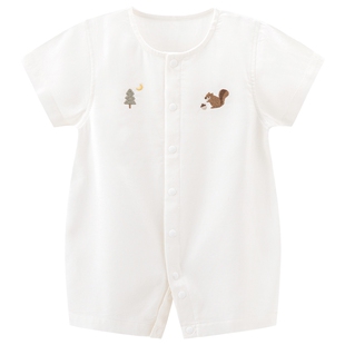 乖奇熊宝宝短袖连体哈衣夏季薄款透气亚麻婴幼儿居家无骨爬服睡衣