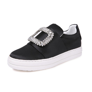 春新款RV方扣水钻绸缎休闲乐福鞋一脚蹬懒人四季女鞋厚底蓝色单鞋