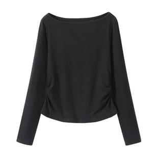 班尼路黑色一字肩长袖女春夏新款收腰显瘦纯欲高级感百搭上衣女N