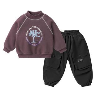 右欧儿童加绒毛衣工装裤两件套男童女童冬季保暖加厚套装新款童装