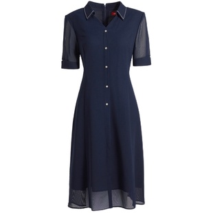 商场同款皮尔卡丹女装连衣裙夏短袖衬衫领收腰通勤职业法式裙