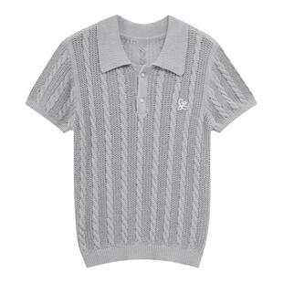 FPMZ 学院风韩系复古麻花纹刺绣针织衫polo领基础短款毛衣短袖T恤