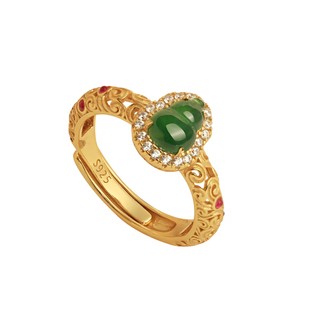 小银匠天然翡翠纯银古法金葫芦戒指女士国风绿色玉石金包银金镶玉