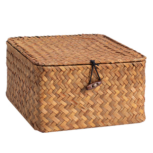 Kens桌面收纳盒藤草编礼品盒带盖防尘杂物篮创意伴手礼盒饰品盒