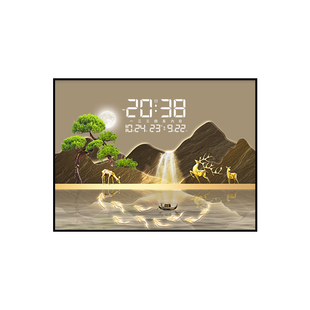 迎客松电表箱装饰画带钟表夜光电子钟免打孔配电箱开关遮挡画挂钟