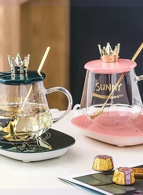 ism高颜值耐热玻璃花茶杯55度恒温个性女办公室家用杯子带盖带勺