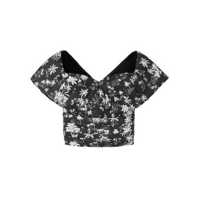 法式印花短款泡泡袖上衣