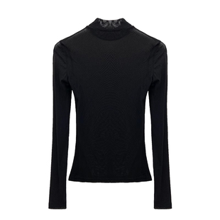 半高领蕾丝网纱打底衫女内搭早秋透明纱衣高端黑色t恤透视上衣薄