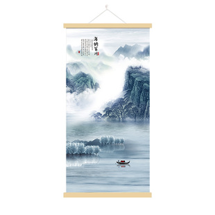 海纳百川水墨山水情挂画背有靠山国风玄关书房客厅迎客布艺装饰画