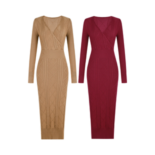XULU原创秋冬针织立体绞花温婉包臀裙优雅修身高腰V领毛衫连衣裙