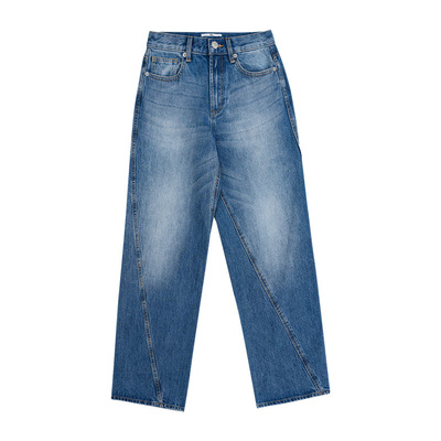 不对称扭缝设计宽松直筒牛仔裤