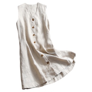纯色系带收腰显瘦V领纽扣亚麻女裙子背心裙气质衬衫裙连衣裙X477