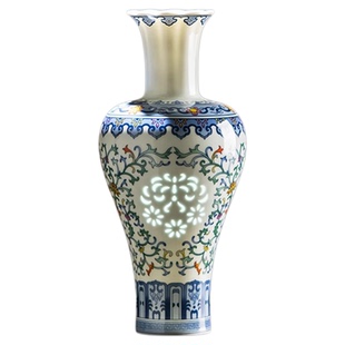 富玉景德镇陶瓷花瓶中式青花玲珑客厅插花高档玄幻家居摆件高级感