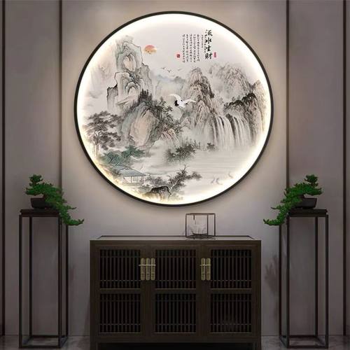 山水意境圆形装饰画走廊过道玄关挂画茶室氛围灯画餐厅背景墙壁画