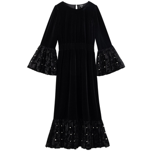 Juicy Couture橘滋连衣裙女2025年秋冬新款黑色高级法式丝绒长裙