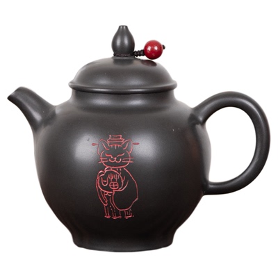 钦州坭兴陶集「猫咪小秋水壶」 名家大师精品 非遗纯手工窑变茶壶
