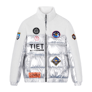 BM男士烫钻夹克外套冬季刺绣亮面银色羊羔毛拼接羽绒服男潮牌立领