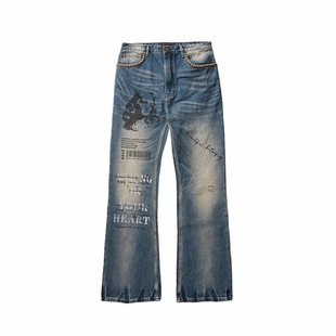 Nomorefight24FW24SS摇滚朋克复古做旧重工印花刺绣微喇牛仔裤