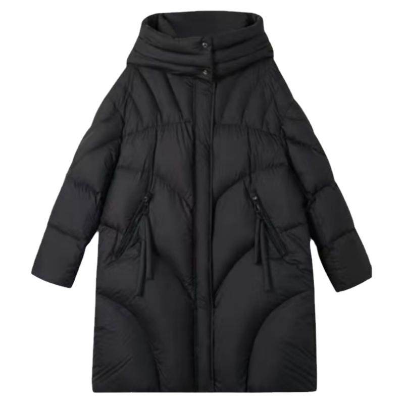 9909*冬季加厚缎感轻柔水光面 防风保暖羽绒服外套女士黑色中长款