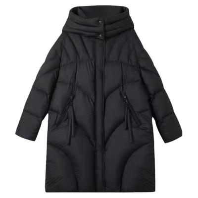 9909*冬季加厚缎感轻柔水光面 防风保暖羽绒服外套女士黑色中长款