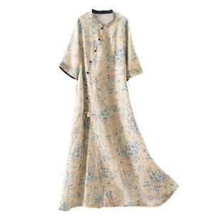 素馨/ur碎花连衣裙素色复古印花苎麻a长裙汉服改良版斜领温柔风夏