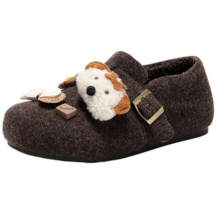 森达内增高厚底勃肯鞋女26春季新款灰色保暖加绒毛呢博肯鞋一脚蹬