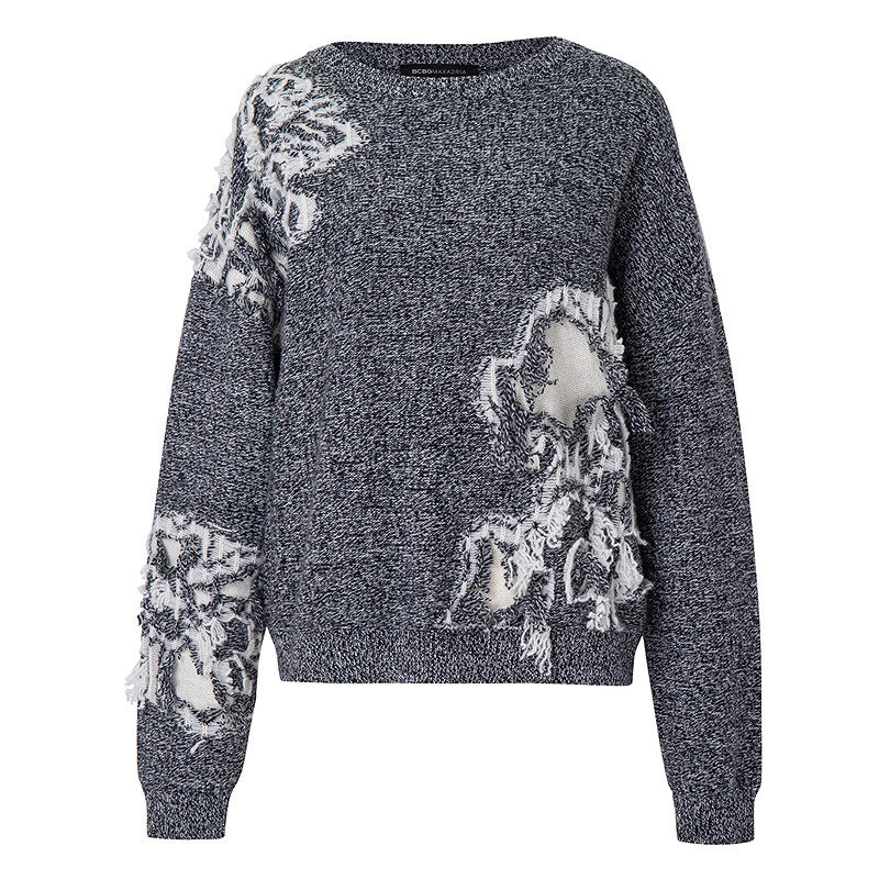 BCBG25秋冬新款简约休闲重工剪花花卉装饰初剪羊毛女上衣针织衫