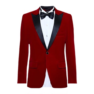晚会舞台表演酒红色外套歌手演出服西装男士丝绒西服主持人礼服男