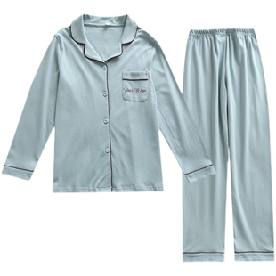 日系纯色全棉睡衣女男秋季新款针织棉长袖情侣翻领休闲家居服套装