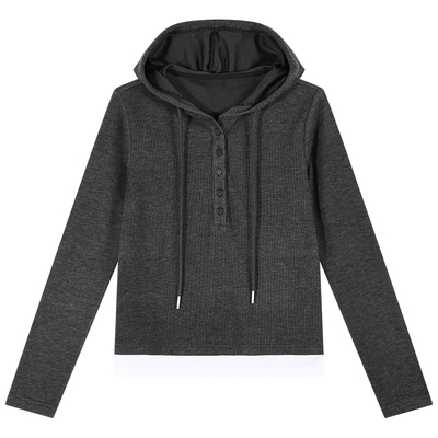 针织连帽长袖T恤女正肩修身上衣