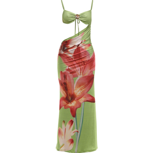 #Sisjuly#西雅图海岸性感假日 花卉印花不规则镂空吊带连衣裙女秋