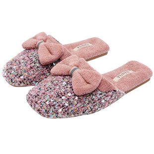 云团秋冬小香风亮片加绒保暖棉拖鞋女可爱甜美蝴蝶结轻便居家鞋